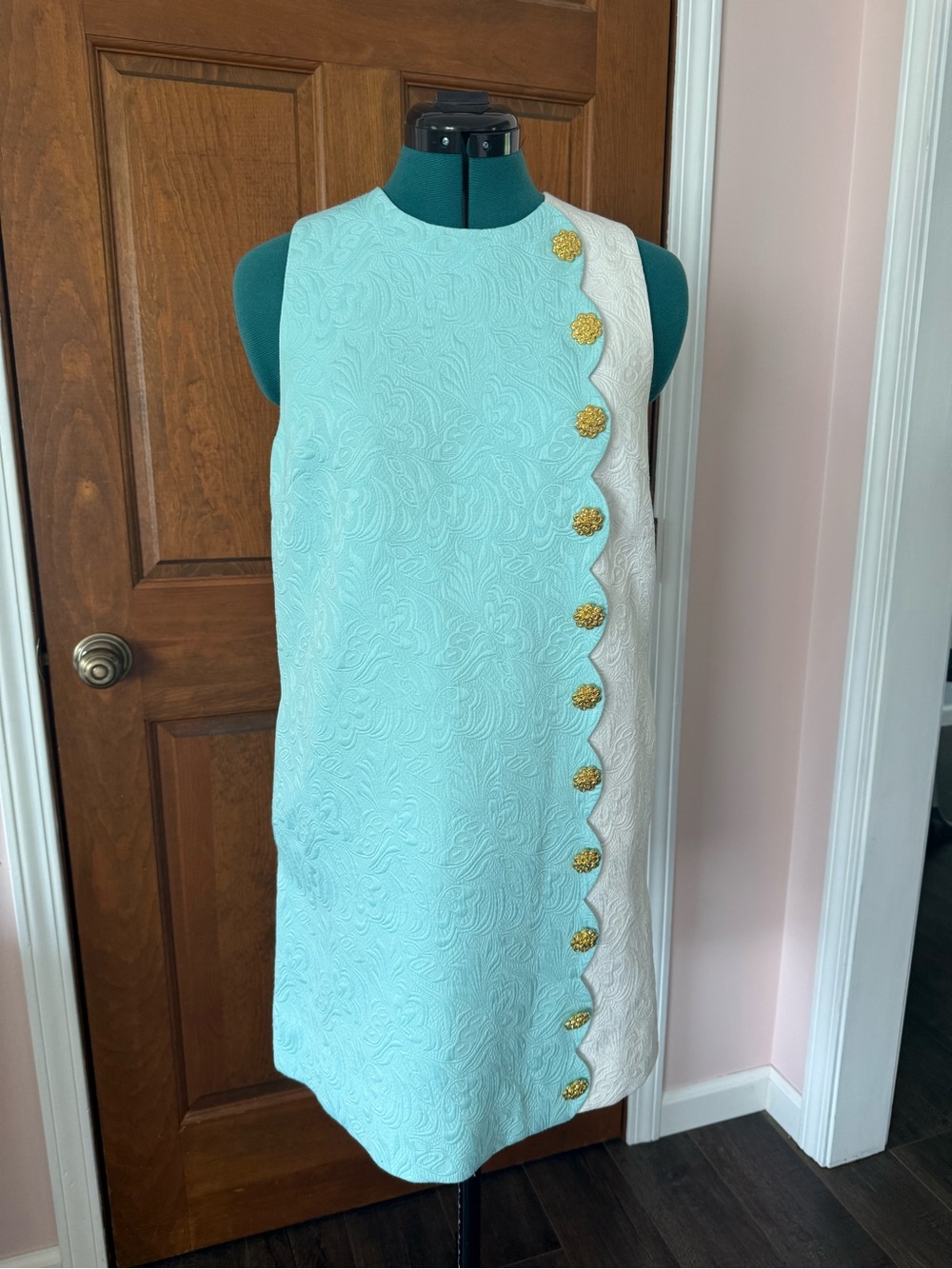 Mestiza New York Etta Mini Shift Dress Aqua Gold Scalloped Detail 4